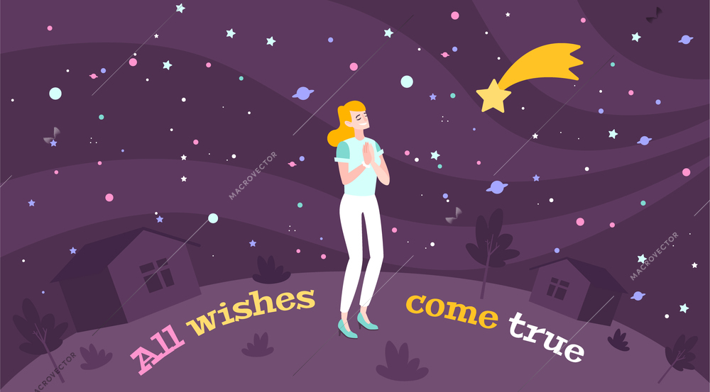 Dream wish flat composition with images of sky with colourful planets falling star text and girl vector illustration