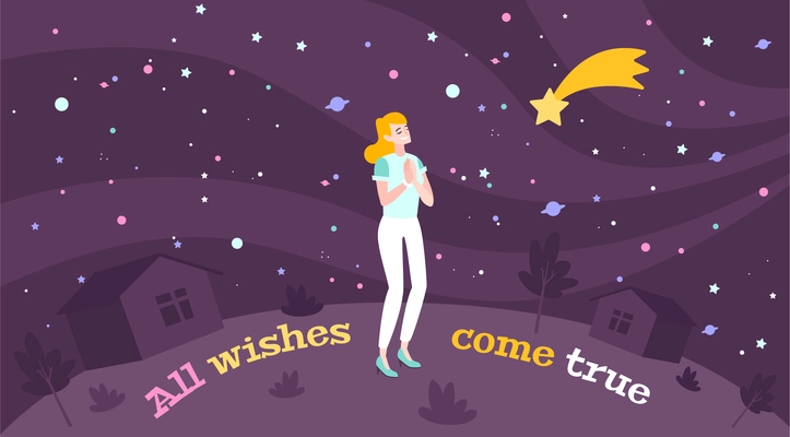 Dream wish flat composition with images of sky with colourful planets falling star text and girl vector illustration
