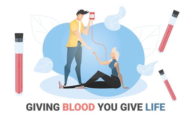Blood donation concept with giving life symbols flat vector illustration