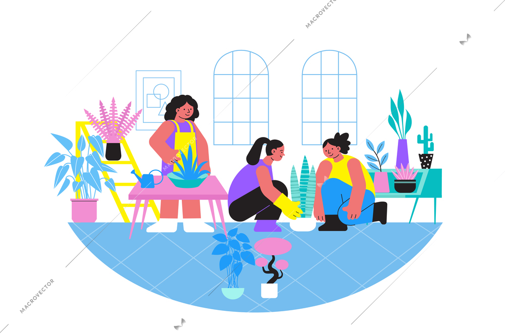 Home plant transplant flat composition with group of female characters domestic scenery and plants in pots vector illustration