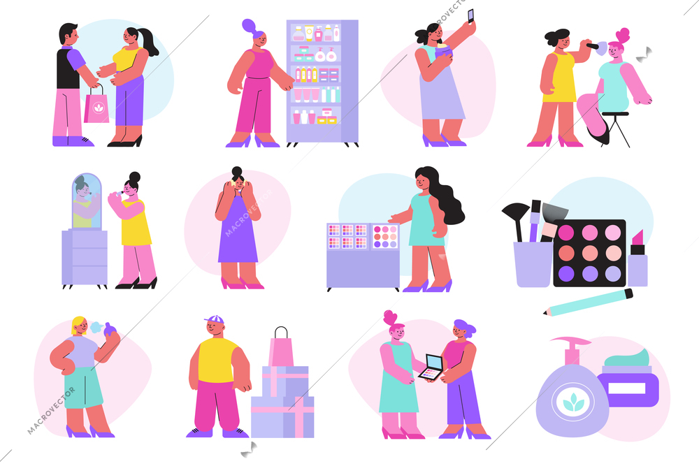 Set of isolated cosmetic shop compositions with human characters shop displays and goods on blank background vector illustration