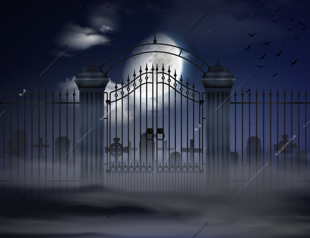 Halloween dark background with old cemetery gates and  silhouettes of grave crosses in moonlight realistic vector illustration