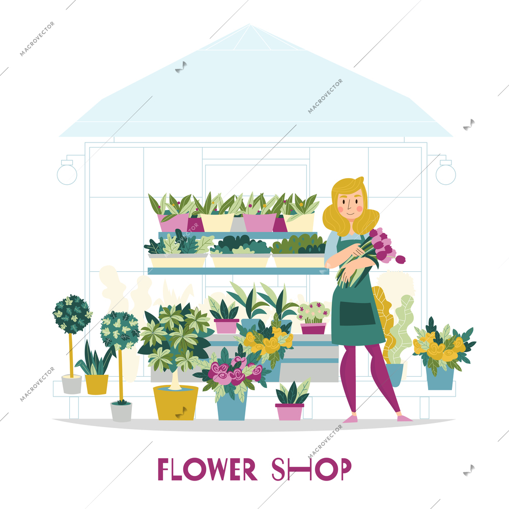 Florist seller flowers shop composition with view of kiosk with flowers on shelves and female character vector illustration