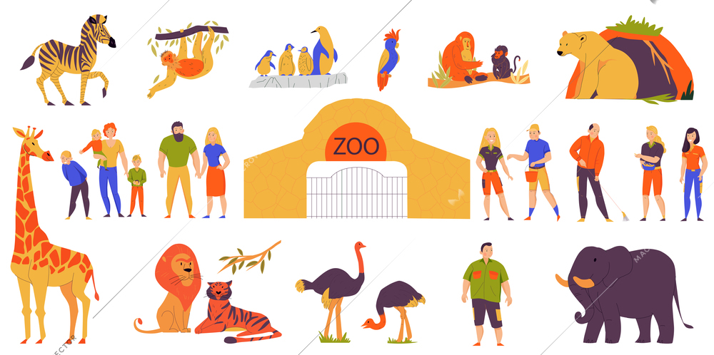 Flat design color set with zoo entrance visitors and different animals isolated vector illustration