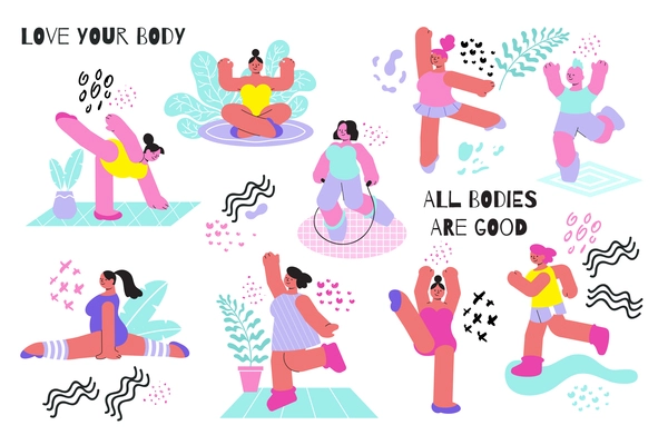 Body positive flat set of doodle female and male characters editable text and sketch style shapes vector illustration