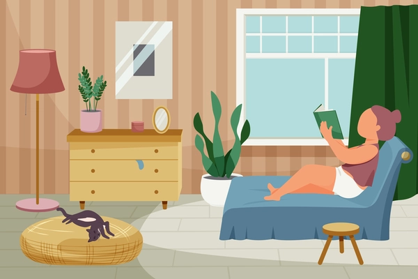 Woman daily routine flat composition with domestic scenery bedroom furniture cat and female character reading book vector illustration