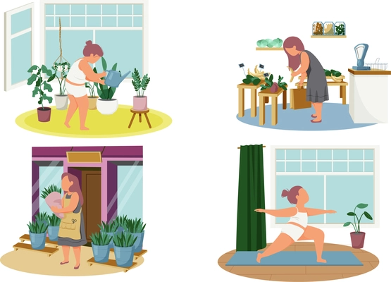 Woman daily routine flat 4x1 set of compositions with human character of girl doing different things vector illustration