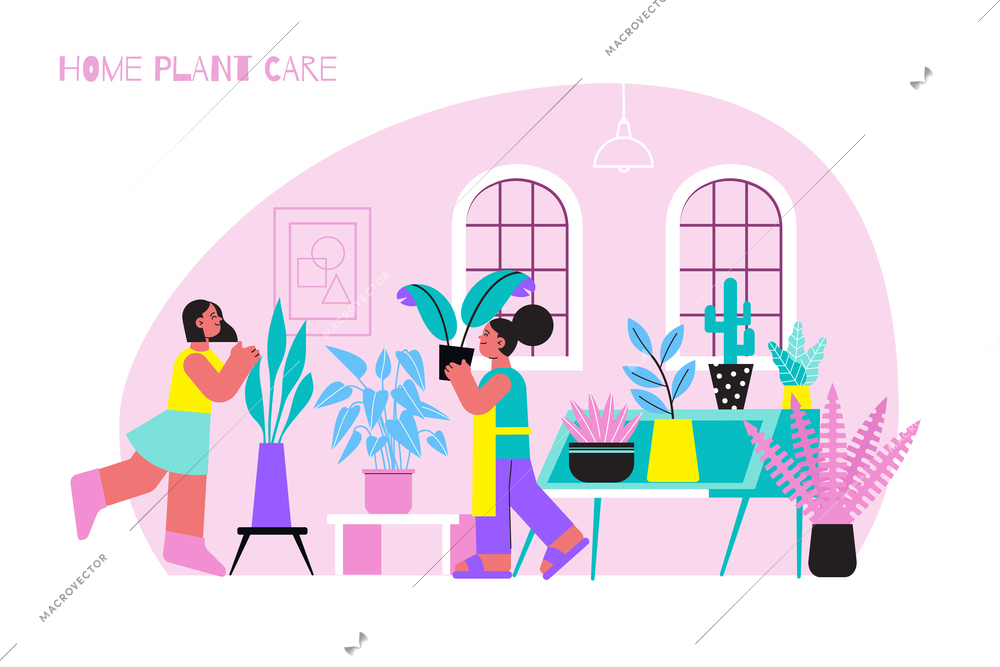 Home plant care flat composition with editable text and indoor domestic view of women with plants vector illustration
