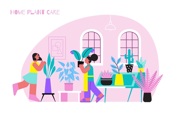 Home plant care flat composition with editable text and indoor domestic view of women with plants vector illustration