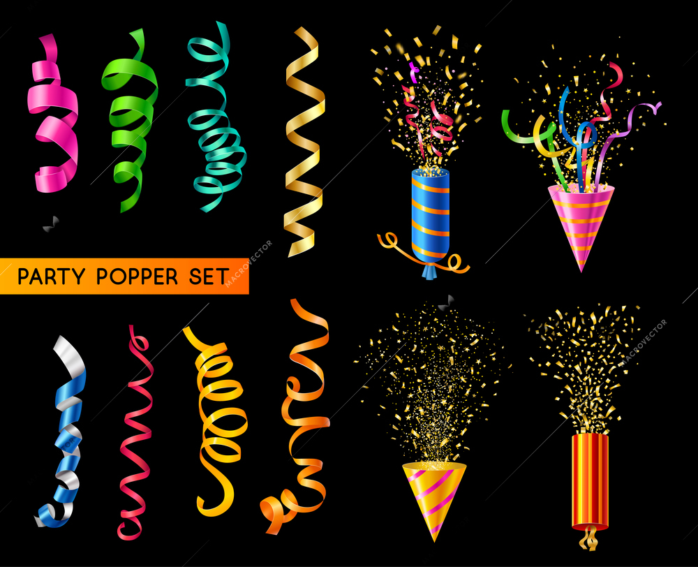 Realistic set of exploding party poppers and colorful ribbons on black background isolated vector illustration