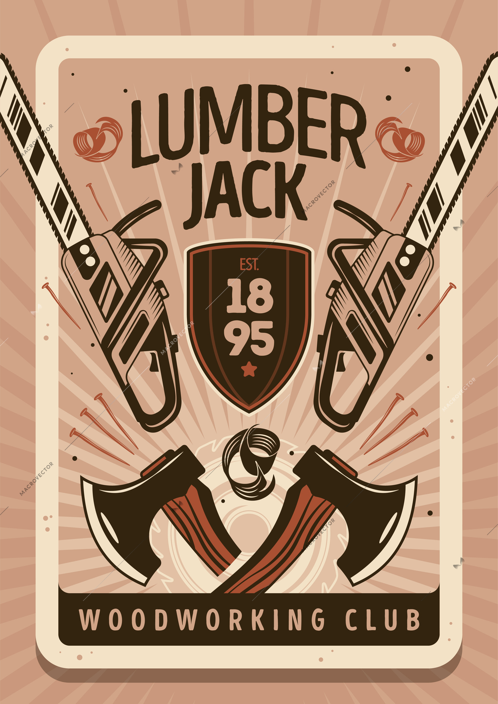 Lumberjack vertical poster in vintage style designed with instrument for woodworking nails and wood shavings flat vector illustration