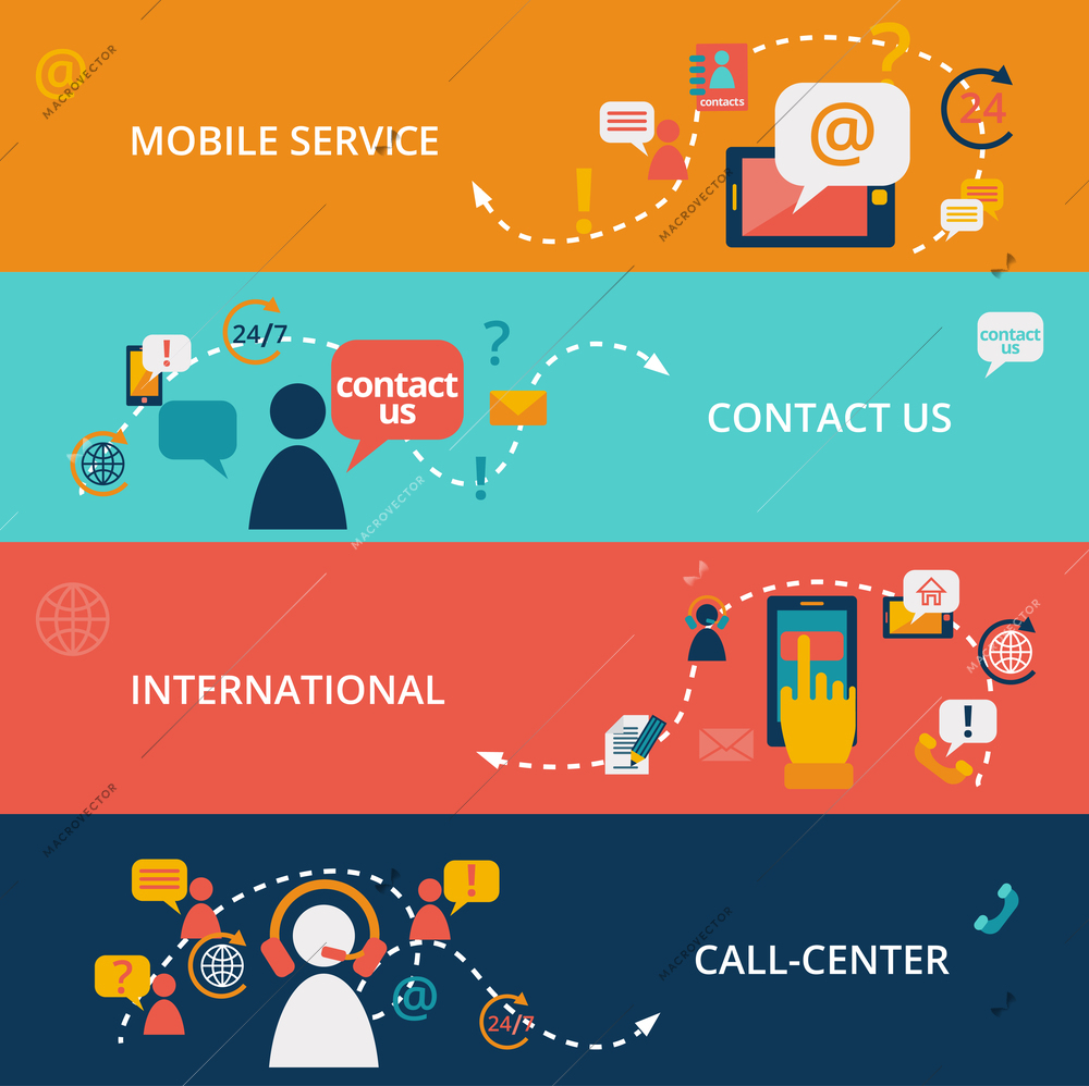 Set of contact us call center business chat communication banners vector illustration