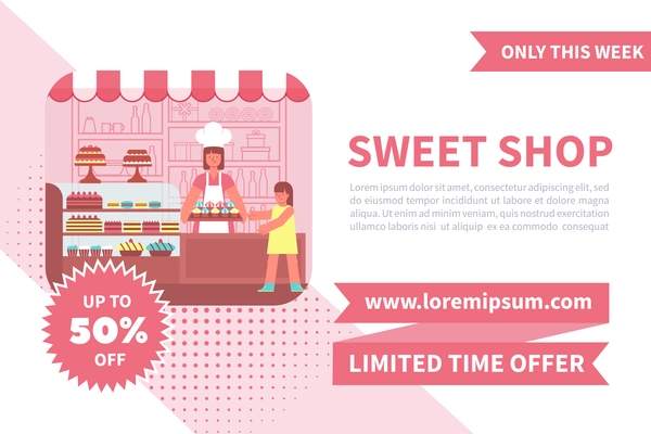 Sweet shop banner with advertising badges editable text and images of confectioners store with human characters vector illustration