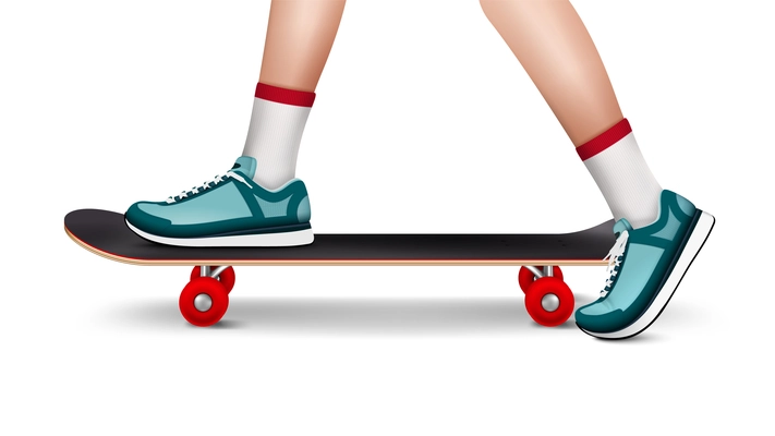 Summer outdoor sport realistic composition representing skateboard with teenager legs shod in sneakers vector illustration