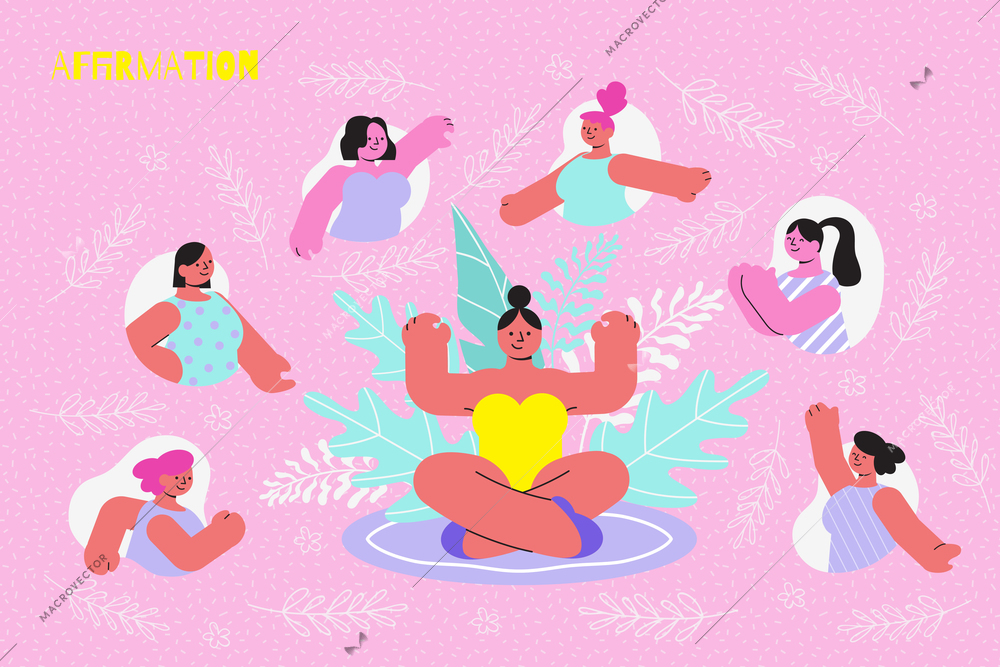 Affirmation auto suggestion flat composition with text and human characters of women relaxing having good time vector illustration