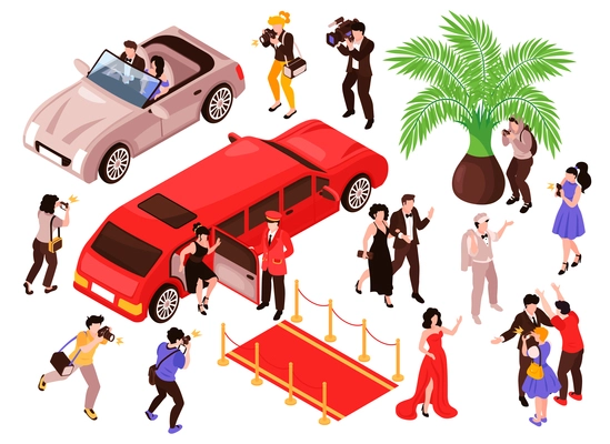Isometric celebrities red carpet paparazzi set with isolated images of luxury cars walking stars and photographers vector illustration