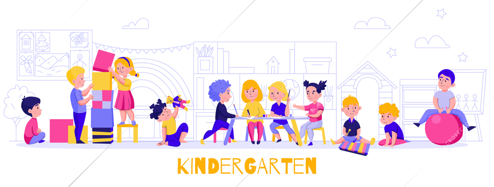 Kindergarten game work horizontal composition with silhouette of furniture and outdoor scenery with teacher and children vector illustration