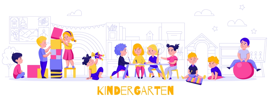 Kindergarten game work horizontal composition with silhouette of furniture and outdoor scenery with teacher and children vector illustration