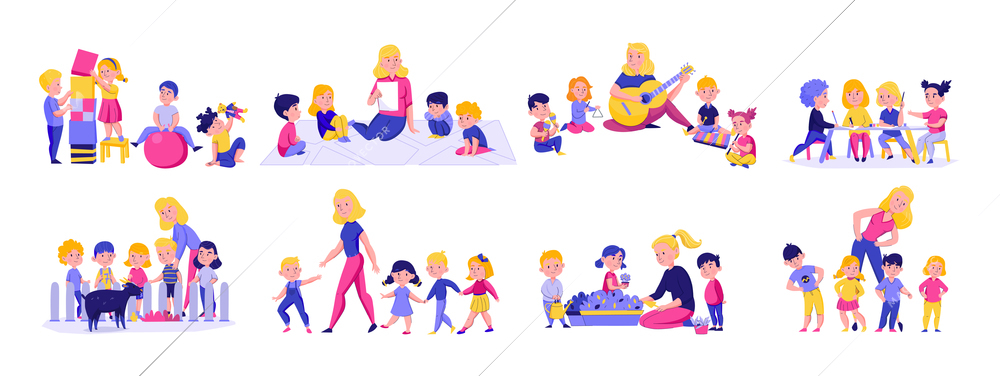 Kindergarten set of isolated images with junior class groups of kids with teachers on blank background vector illustration