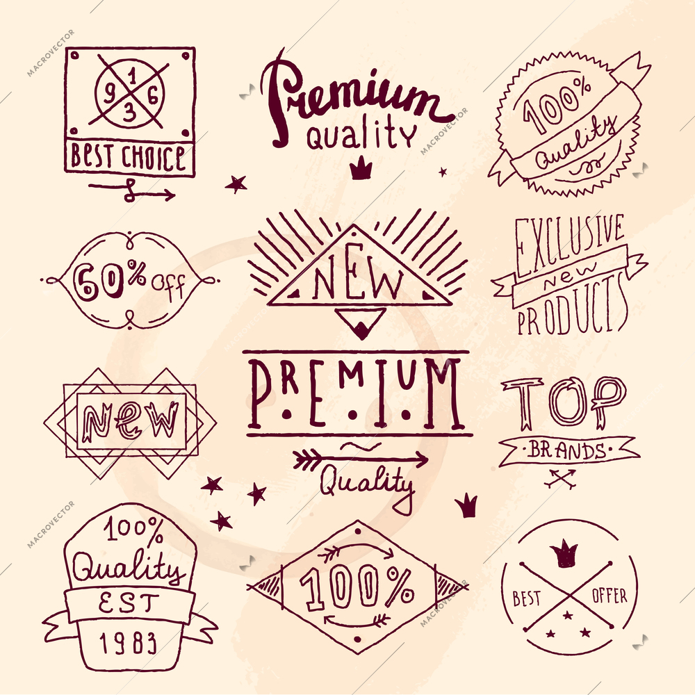 Premium retro quality calligraphic label and emblem for product design in sketch style vector illustration