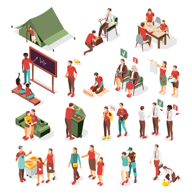 Social inequality and problem of poverty  isometric collection of scenes with homeless  jobless poor beggar needy hungry people vector illustration