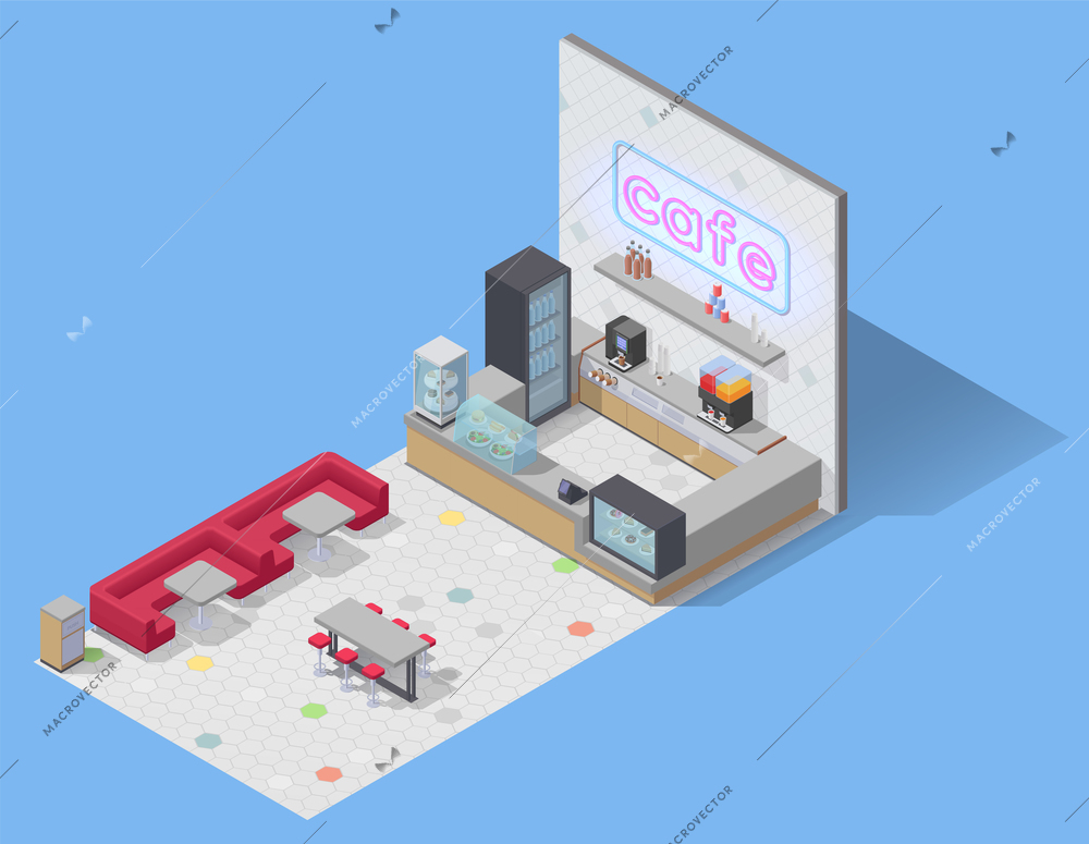 Food court isometric composition with view of empty cafe with sofa seats tables and bar counter vector illustration