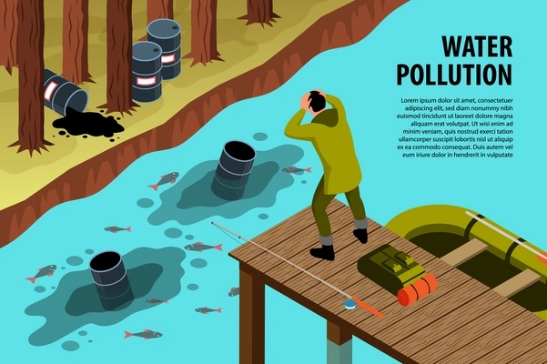 Isometric environmental pollution horizontal background with editable text and well stocked river polluted by trash cans vector illustration