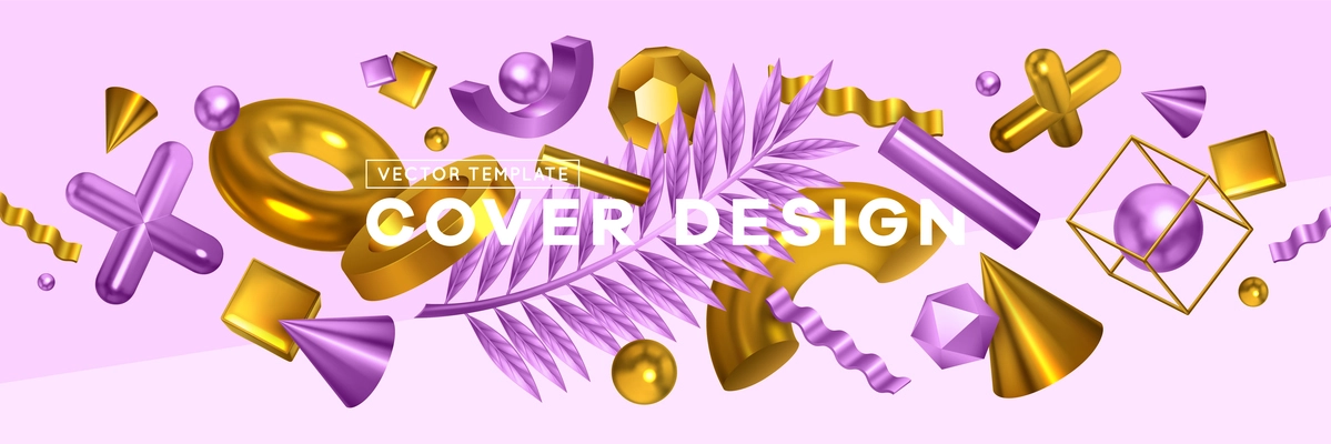 Geometric shapes trendy objects header cover realistic horizontal banner with golden violet cross cone palm leaf vector illustration