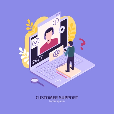 Isometric customer support faq composition with images of laptop computer human and mail envelope with text vector illustration
