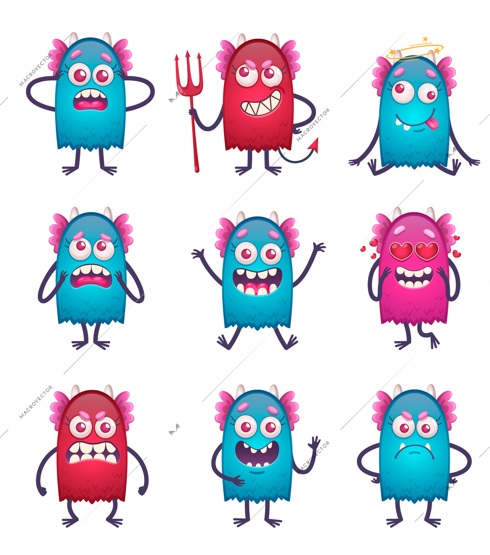 Cartoon monster emoticons set of nine isolated funny beast characters of different colour and face emotion vector illustration