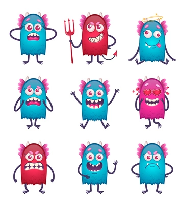 Cartoon monster emoticons set of nine isolated funny beast characters of different colour and face emotion vector illustration