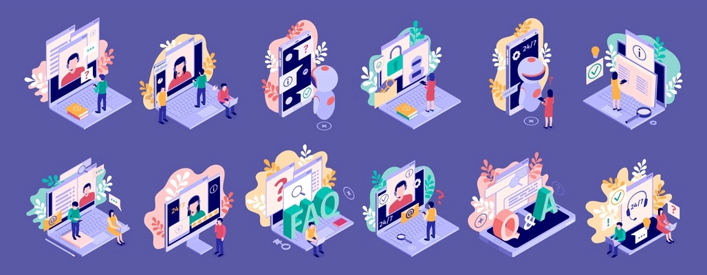 Isometric support faq set with twelve isolated compositions of text small human characters computers and smartphones vector illustration