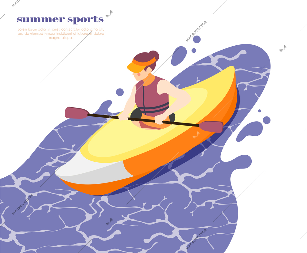 Extreme water sport isometric background with young woman rowing in canoe on mountain stream vector illustration
