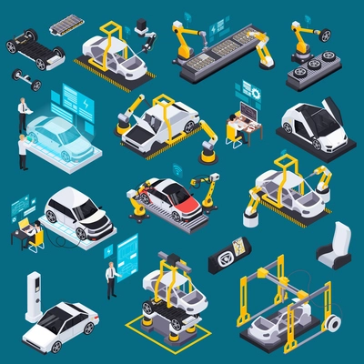 Robotic automation in electric vehicle production isometric set with conveyor belts assembly battery charge testing vector illustration
