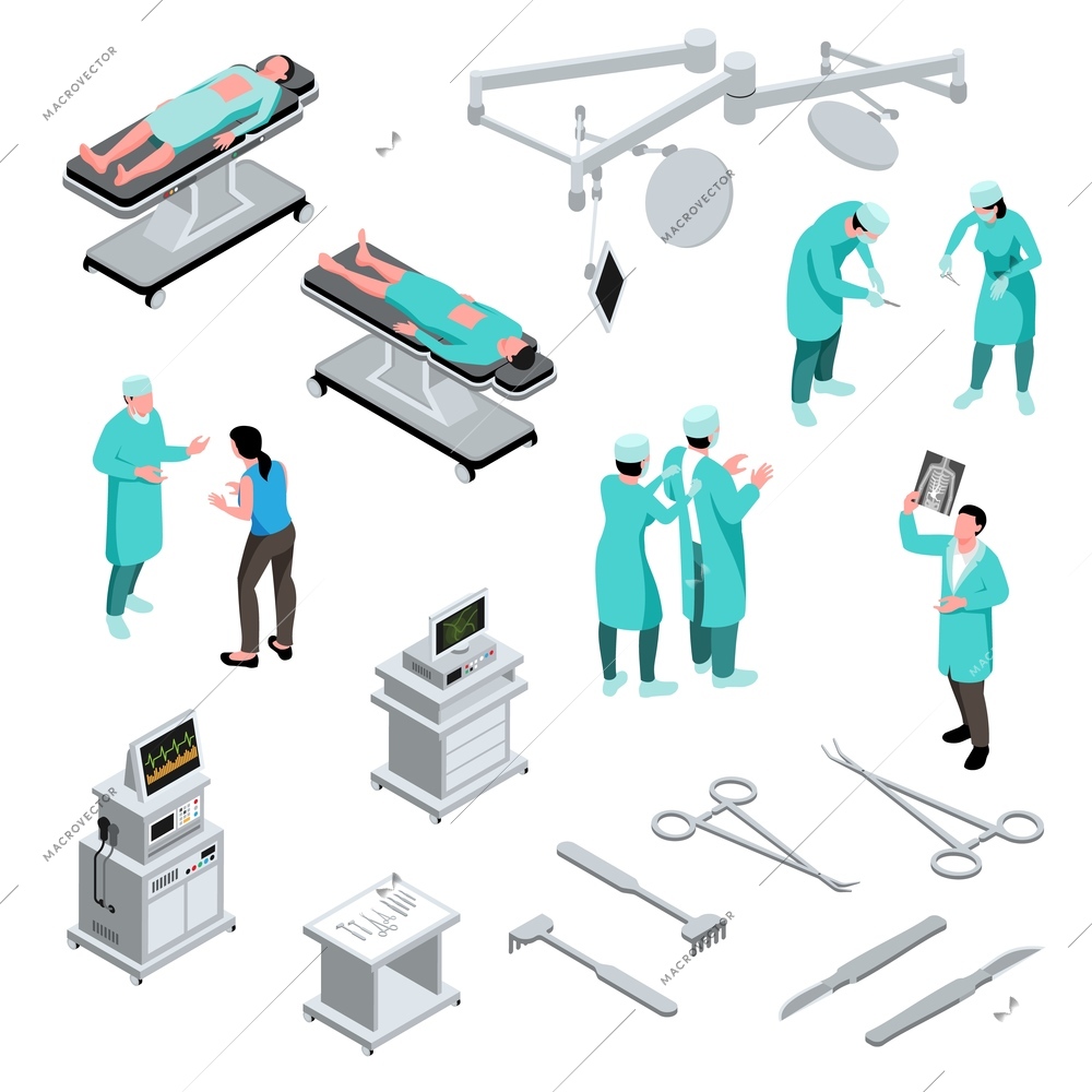 Isometric surgeon doctor set with isolated human characters of medical specialists icons of operating room equipment vector illustration