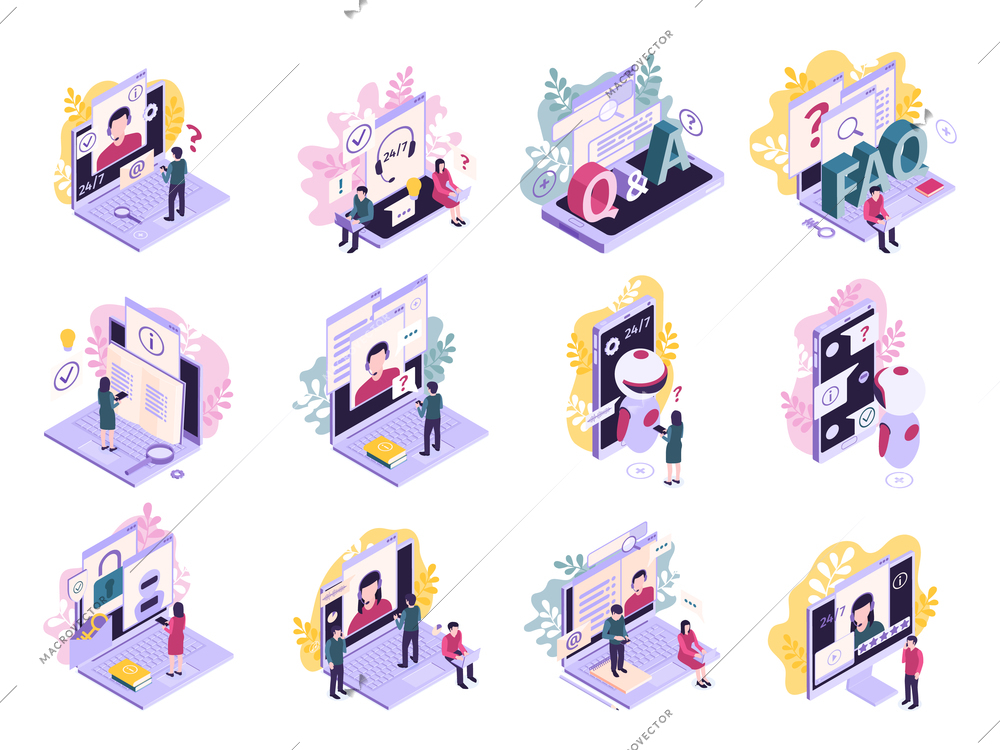 Isometric customer support faq set with isolated compositions of computer smartphone images text and human characters vector illustration