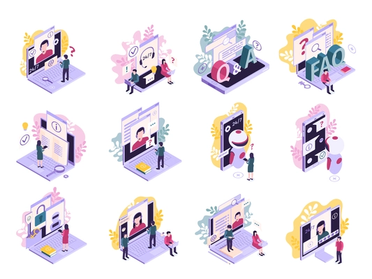 Isometric customer support faq set with isolated compositions of computer smartphone images text and human characters vector illustration