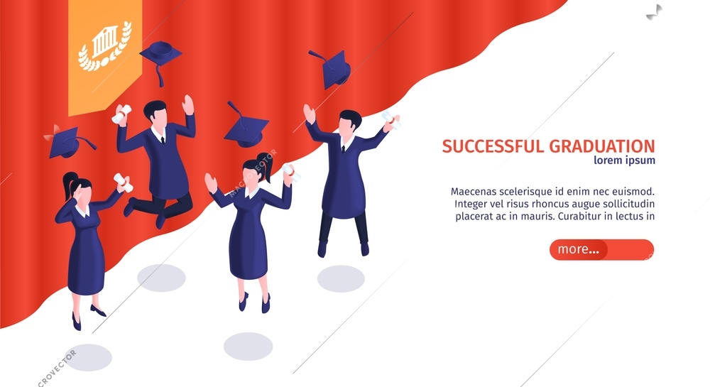 Isometric graduation diploma horizontal banner with group of happy students with red curtain and editable text vector illustration