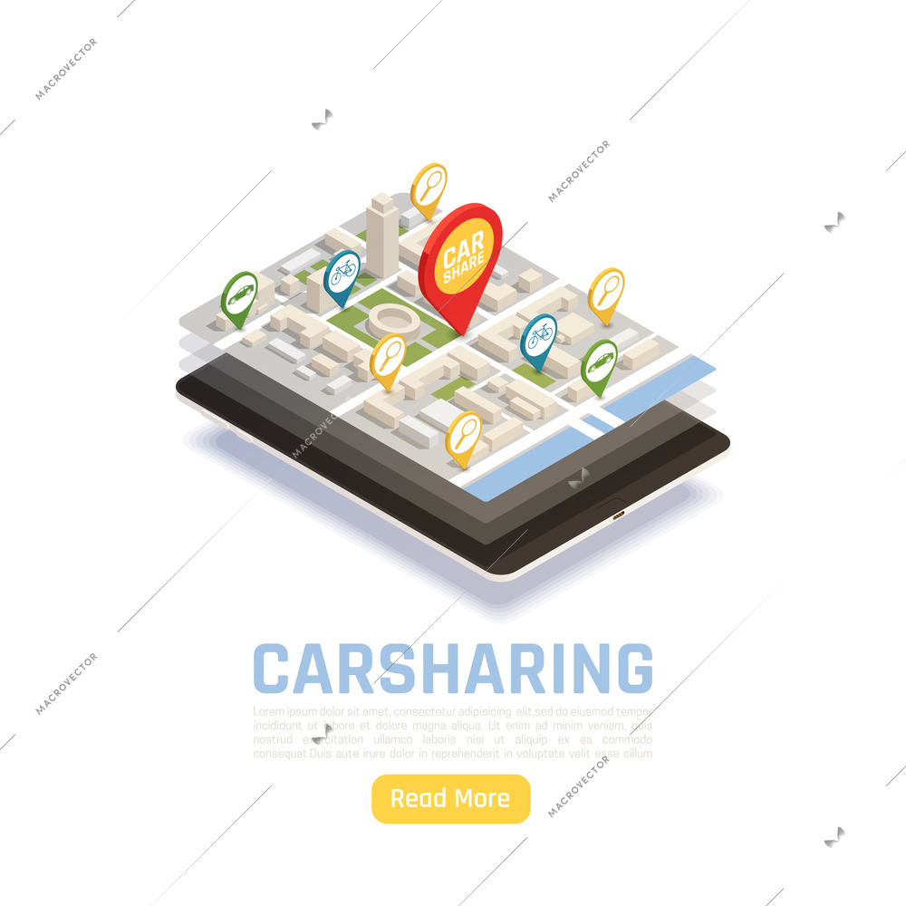 Carsharing carpooling ridesharing isometric background with electronic gadget and screens stack with location signs and map vector illustration