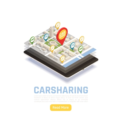 Carsharing carpooling ridesharing isometric background with electronic gadget and screens stack with location signs and map vector illustration