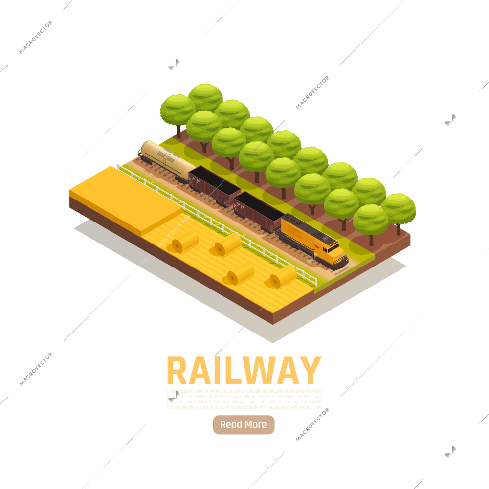 Train railway station isometric background with field scenery and freight train with text and clickable button vector illustration