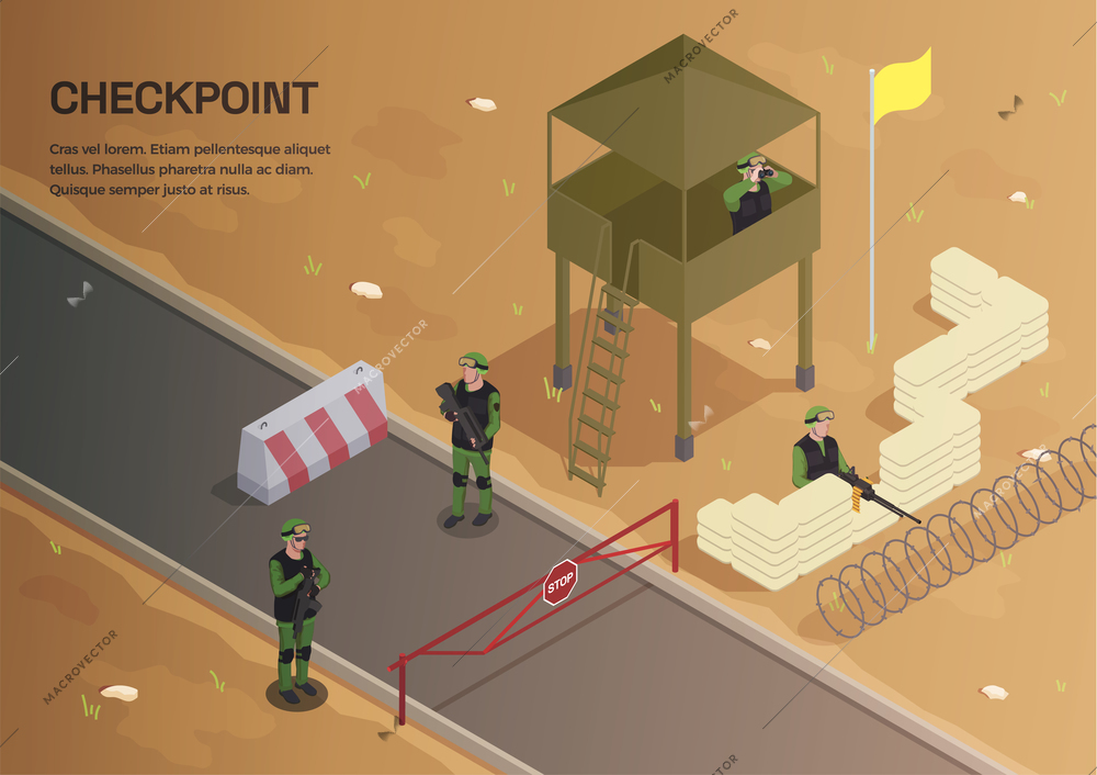 Army weapons soldier isometric background with composition of editable text and outdoor scenery with watch tower vector illustration