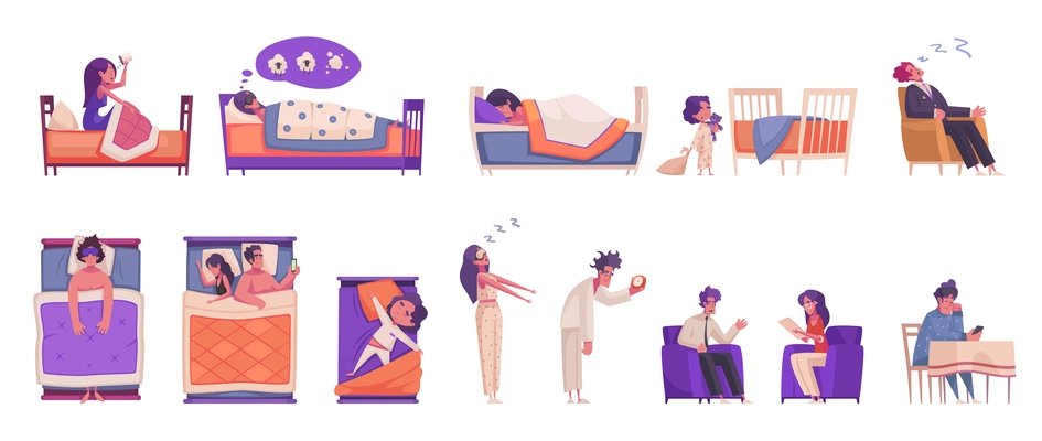 Sleep time icons set with bedtime dream and insomnia symbols flat isolated vector illustration