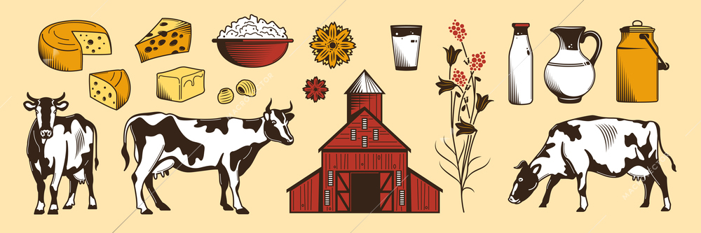 Milk farm color hand drawn horizontal set illustrated wide choice of fresh dairy products isolated vector illustration