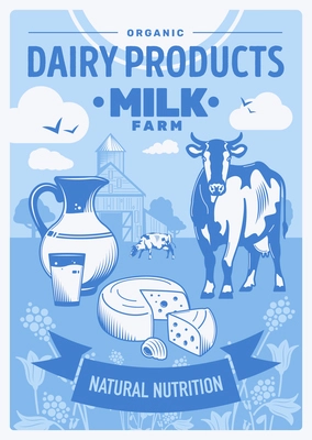 Milk farm vertical poster with natural dairy products on rustic background hand drawn vector illustration