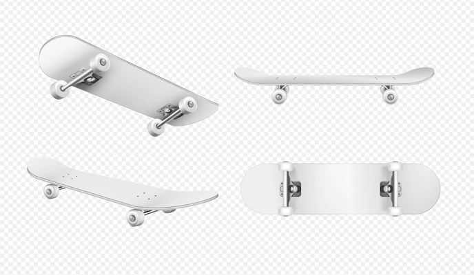 Realistic set of white skateboards isolated on transparent background vector illustration