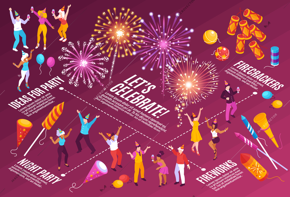 Firework festive celebration isometric infographic flowchart with happy people in costumes enjoying party firecrackers rockets vector illustration