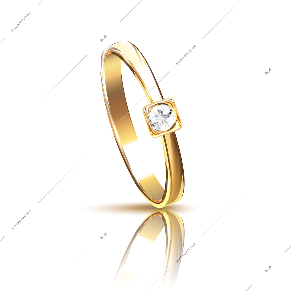 Realistic golden ring with diamond on mirror surface vector illustration