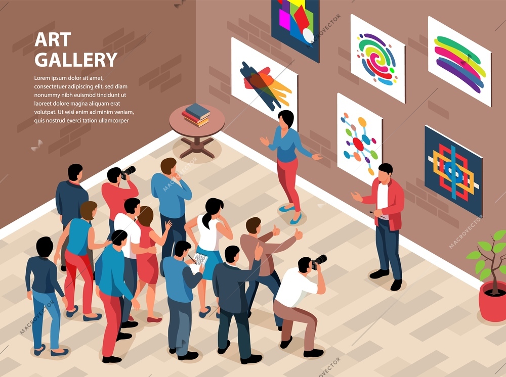 Isometric exhibition gallery vernissage background with indoor composition wall with paintings and people with editable text vector illustration