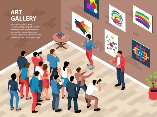 Isometric exhibition gallery vernissage background with indoor composition wall with paintings and people with editable text vector illustration